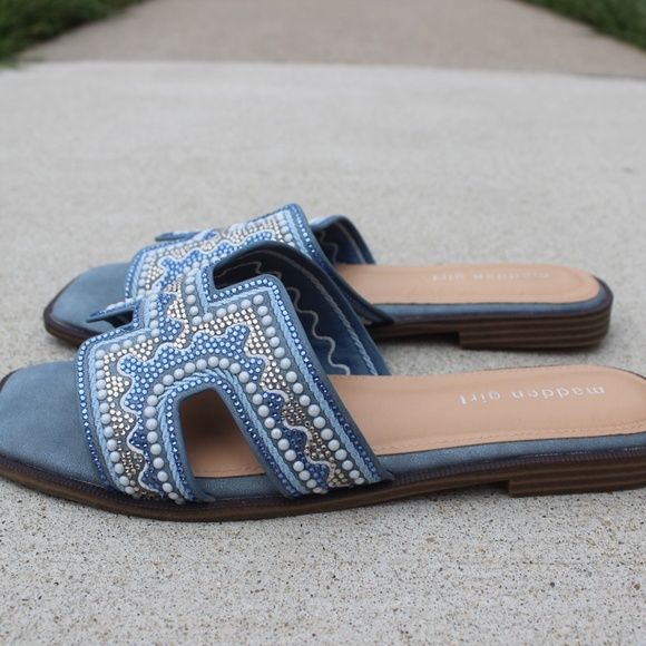 Madden Girl Blue Rhinestone Beaded Sparkle Slide Sandals Sz 9 - Picture 6 of 8